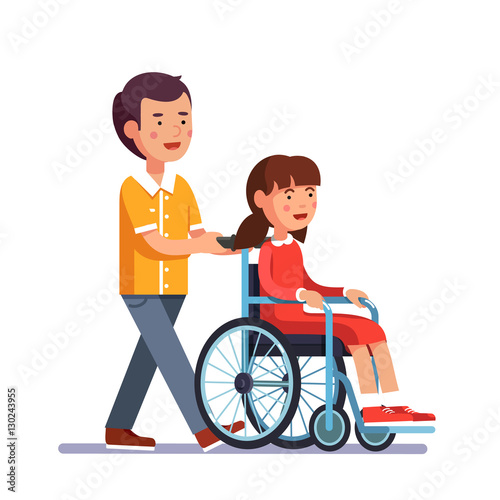 Kid pushes wheelchair with person