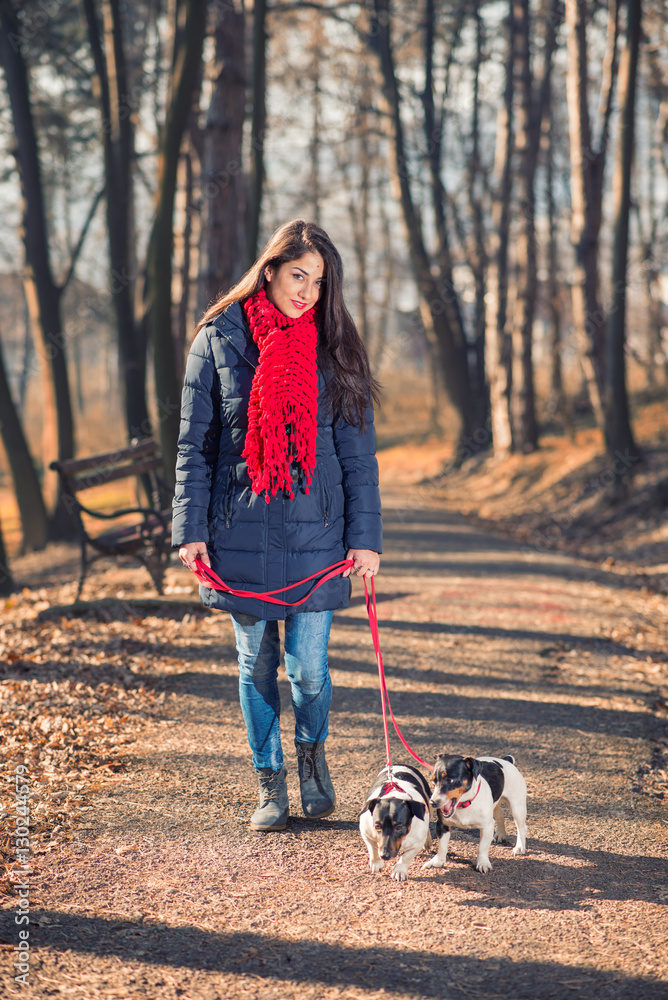 People and dogs outdoors. Beautiful and happy woman enjoying in autumn park walking with her Jack Russell terrier..Colored photo People and dogs outdoors. Beautiful and happy woman enjoying in autumn park walking with her Jack Russell terrier..Colored photo