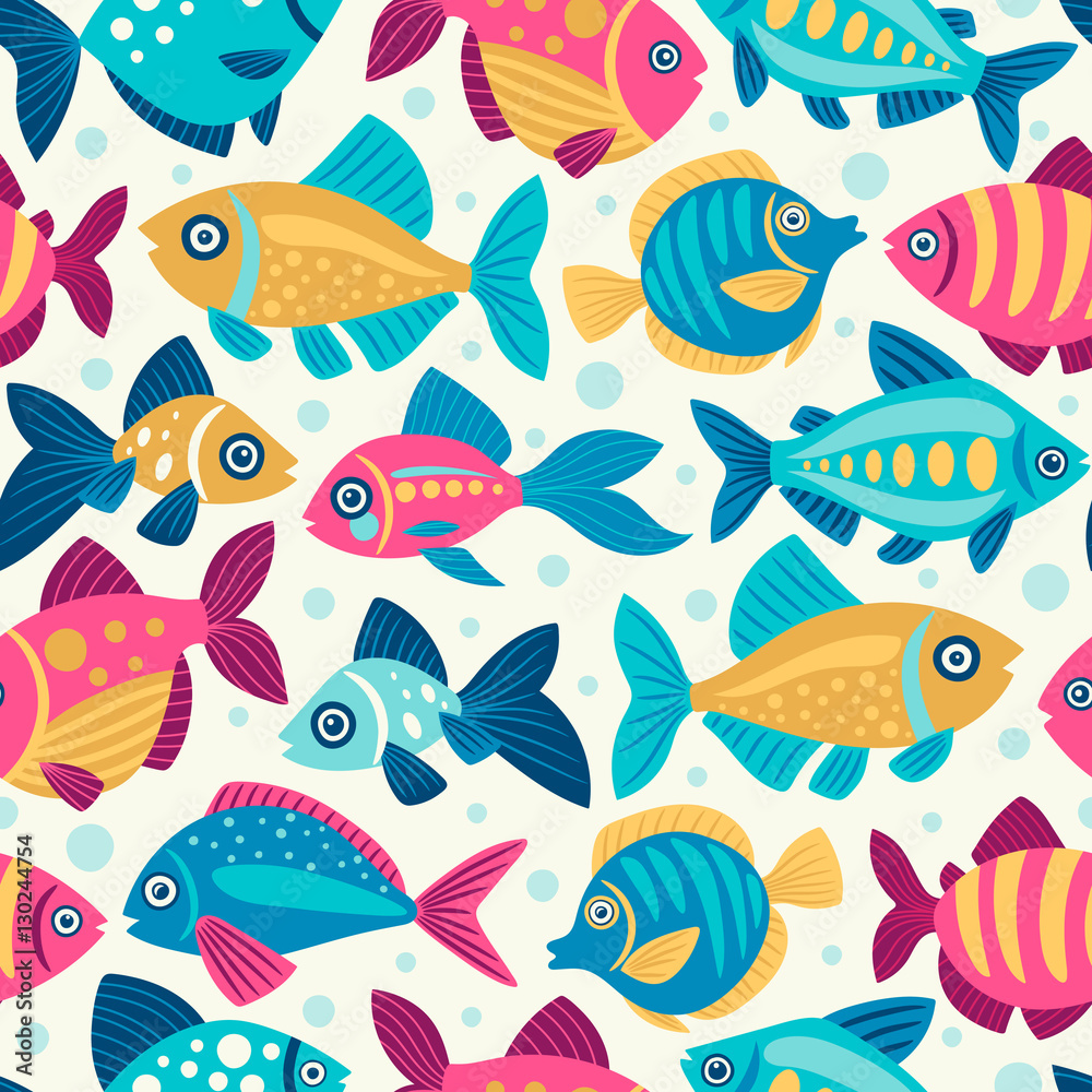 Seamless pattern with decorative fish. Cartoon style. Freehand drawing