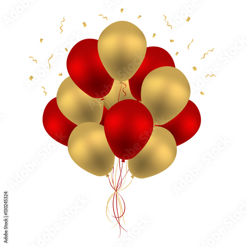 Bunch of Birthday Balloons Flying for Party and Celebrations Isolated in White Background. Vector Illustration - stock 3d Realistic Colorful Red and Golden Balloon Vector With Space for Message.  