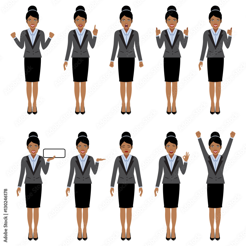 Black women character set in various poses, isolated, vector illustration Black women character set in various poses, isolated, vector illustration