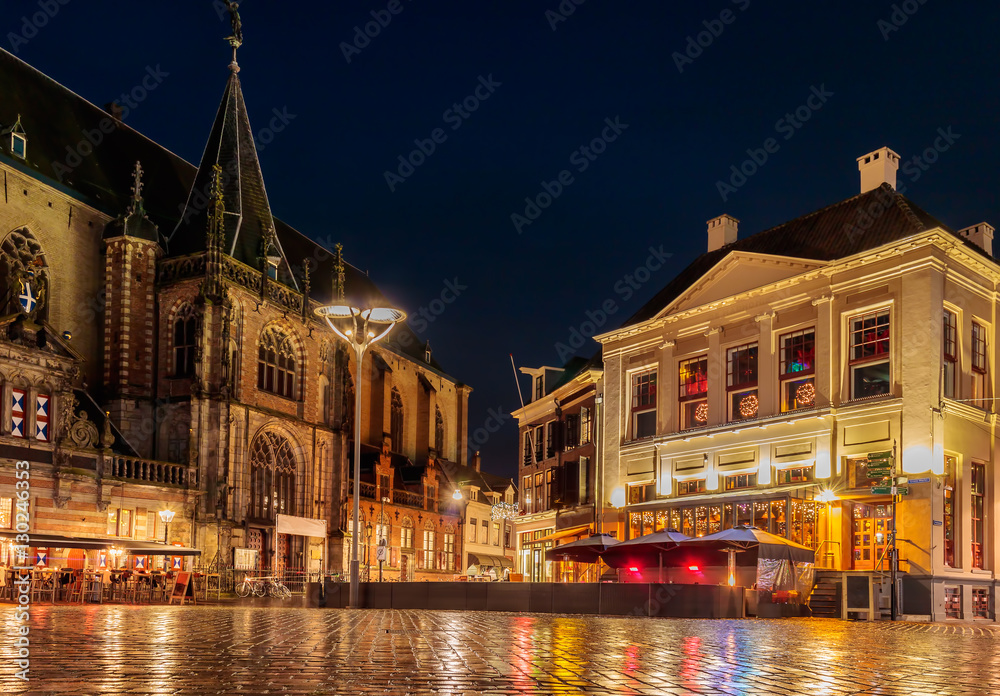 Evening view of the Dutch central square in the city of Zwolle