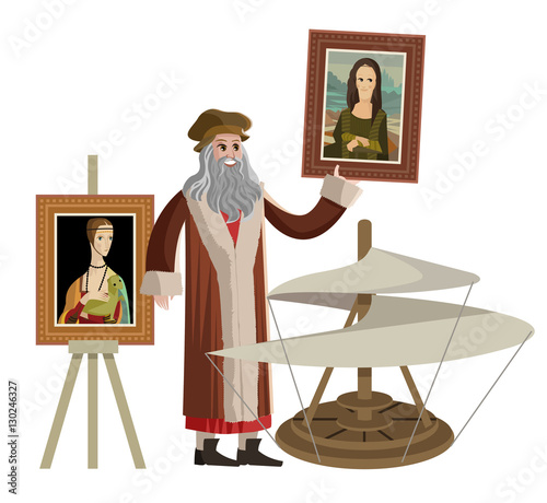 renaissance genius holding paintings and flying machine