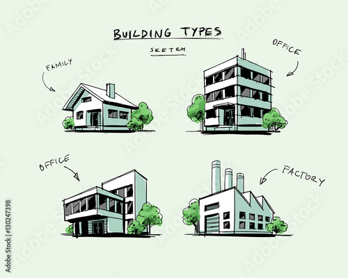 Set of Four Buildings Types Hand Drawn Cartoon Illustration
