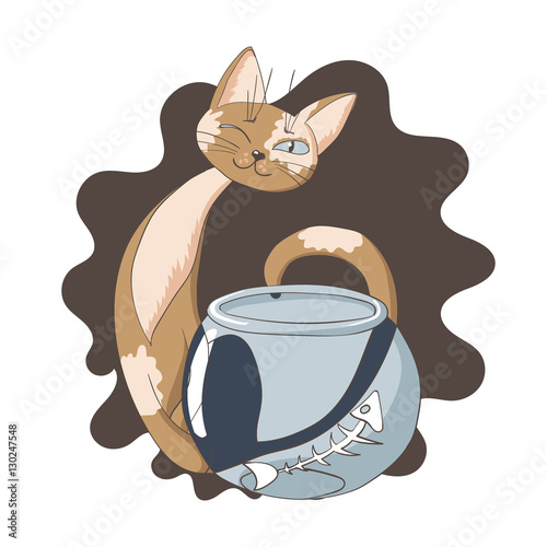 Sly cat ate fish from the aquarium