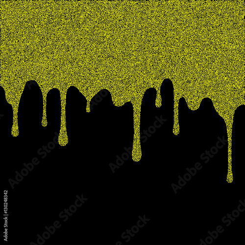 dripping yellow, gold paint of the balls. stipple effect. black background. vector.