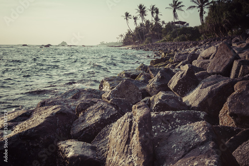 Sunset at beach with palm trees and ocean with waves. Midigama b