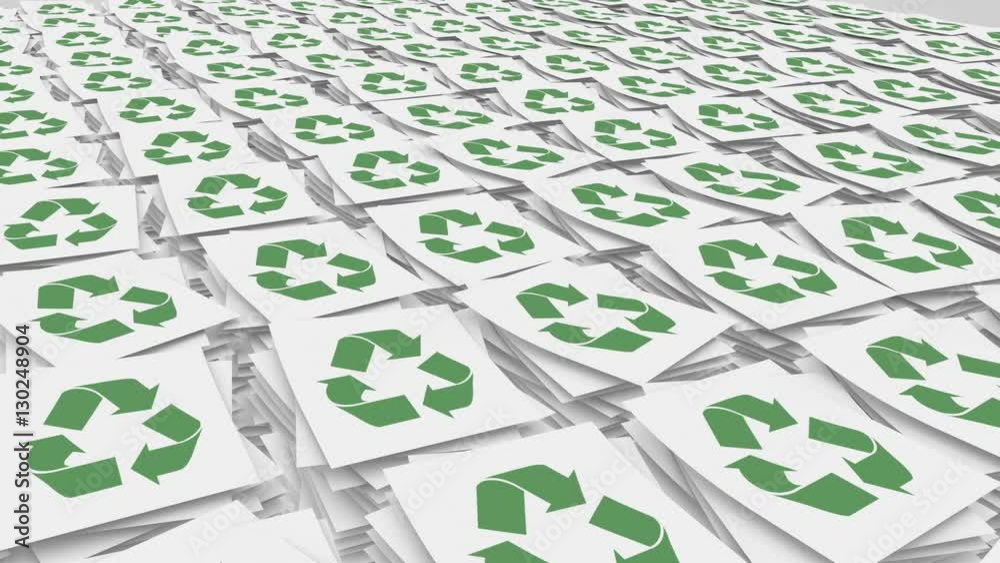 Paper Stacks Pile Up with Recycling Symbol . stacks of paper with recycling symbol on them piles up and fills scene. Matte for isolation, depth pass and ambient occlusion passes.
