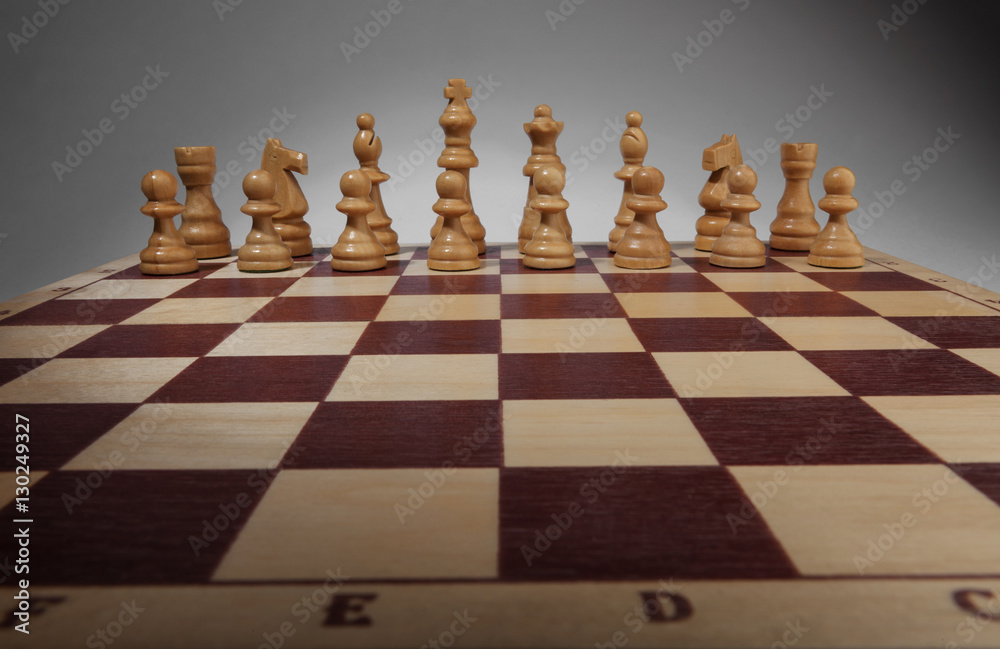 Overhead view of a chess board set up for a game Stock