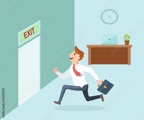 Running businessman and open door exit. Businessman running exit door sign he get off work.
