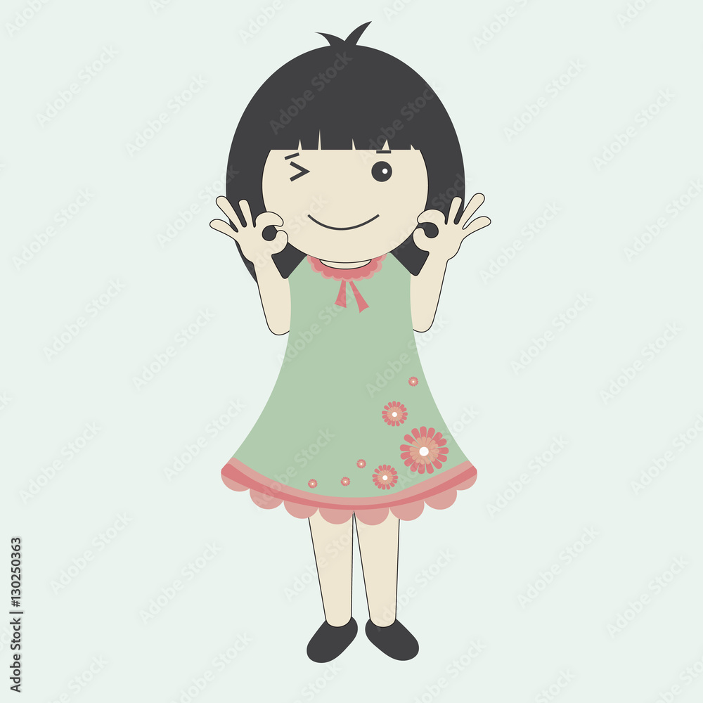 vector illustration of cute cartoon girl in green dress. vector illustration of cute cartoon girl in green dress.