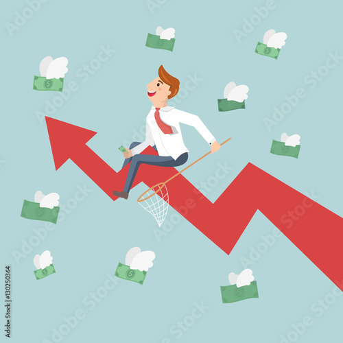Businessman riding success arrow graph trying to catch money fly. Employees are collecting money that was flying like a bird.