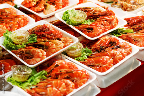 Tasty delicious shrimps in food market