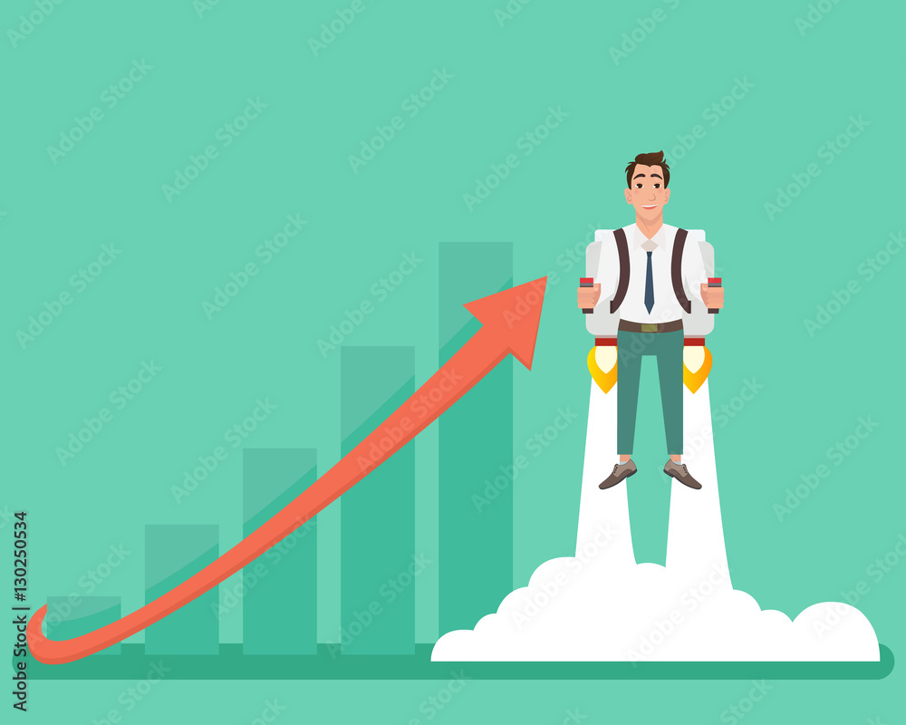 Businessman with launching rocket and growing chart. The growth of the economy. Investments up.