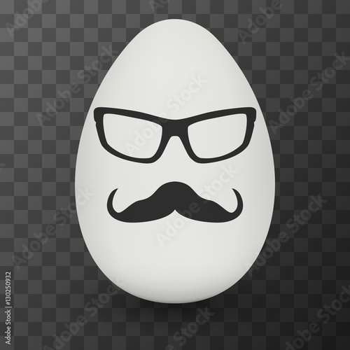 Chicken Egg hipster nerd glasses and stylish mustache with shadow on black transparent background. Natural ecological product. Healthy food. Dietary product. Easter symbol. Vector illustration