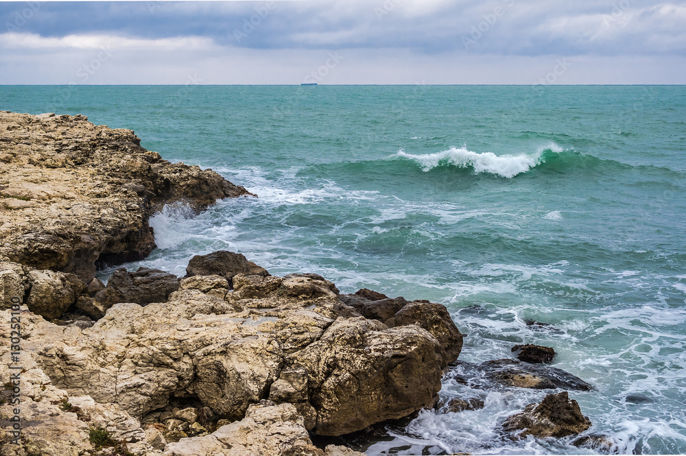 Stony shore of Black Sea at Chersonese. Sevastopol, Crimea