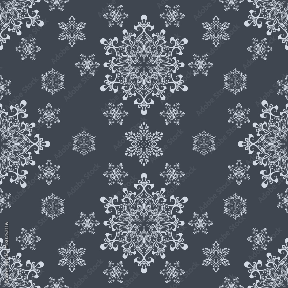 Abstract seamless white snowflake shapes on dark grey background Abstract seamless white snowflake shapes on dark grey background