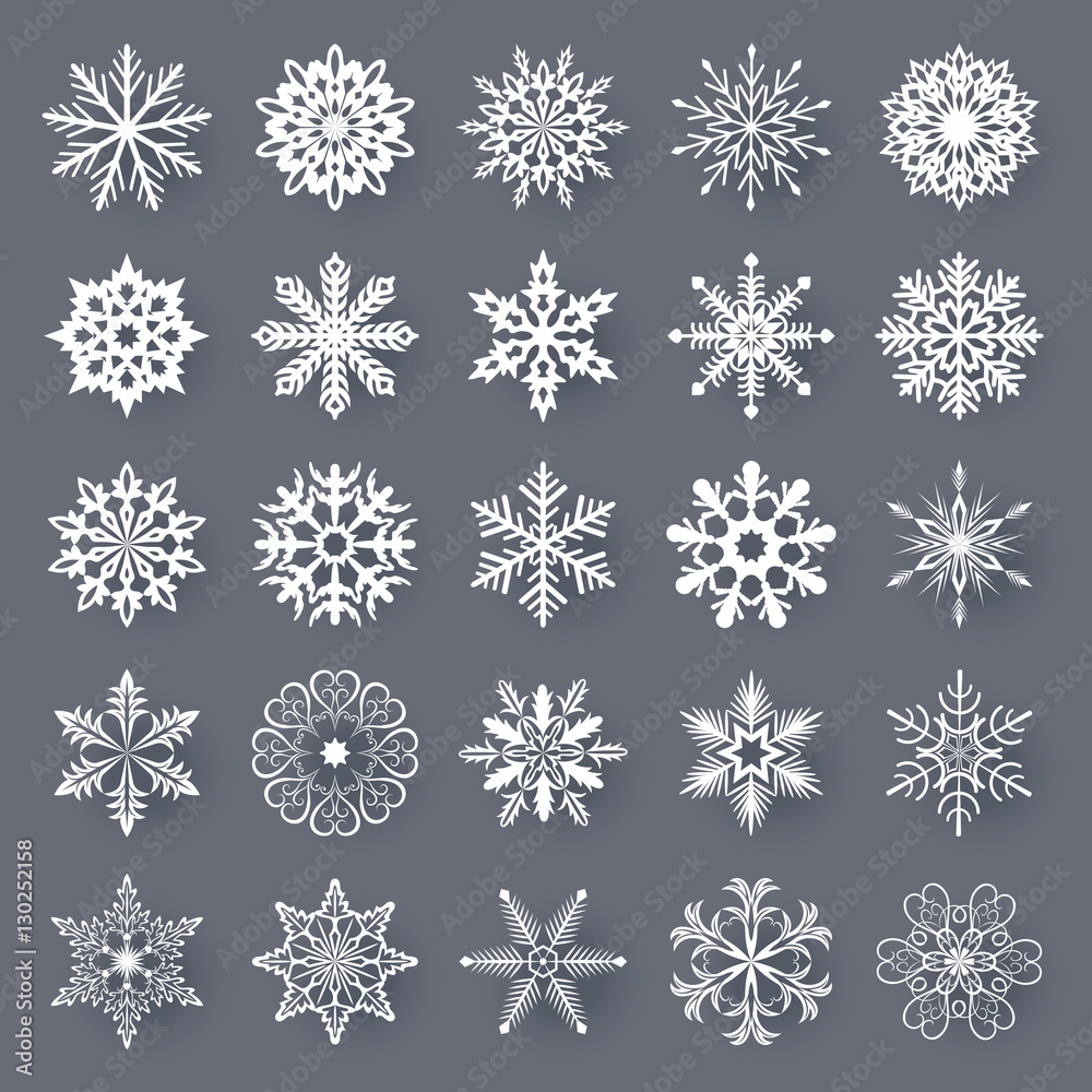 White snowflake shapes set isolated on grey background.