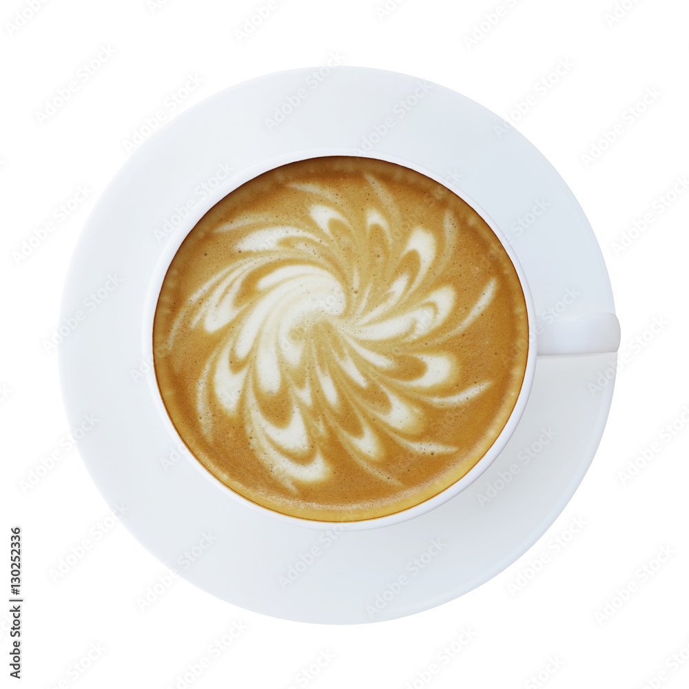 Top view of hot coffee latte cappucino cup isolated on white bac Top view of hot coffee latte cappucino cup isolated on white bac