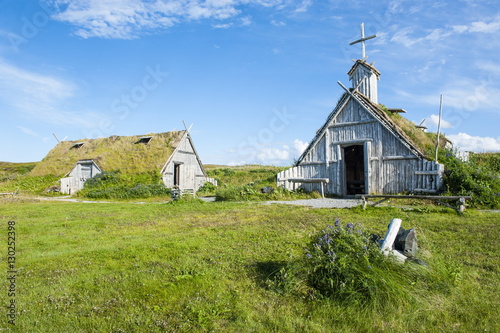 Traditional Viking buildings in the Norstead Viking Village and Port of Trade reconstruction of a Viking Age settlement, Newfoundland, Canada photo