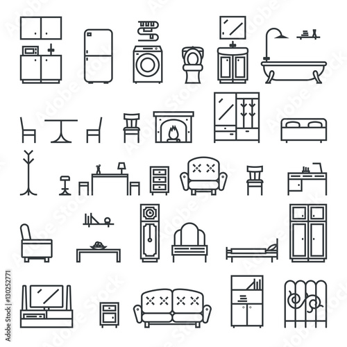 Lineart Flat Furniture Icons and Symbols Set Living Room Isolated Vector Illustration