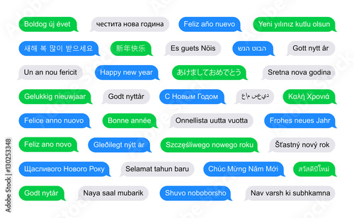 Bonne année en plusieurs langues sur des bulles SMS photo