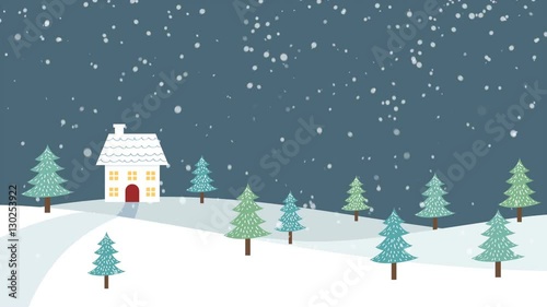 Christmas winter rural landscape animation with single home