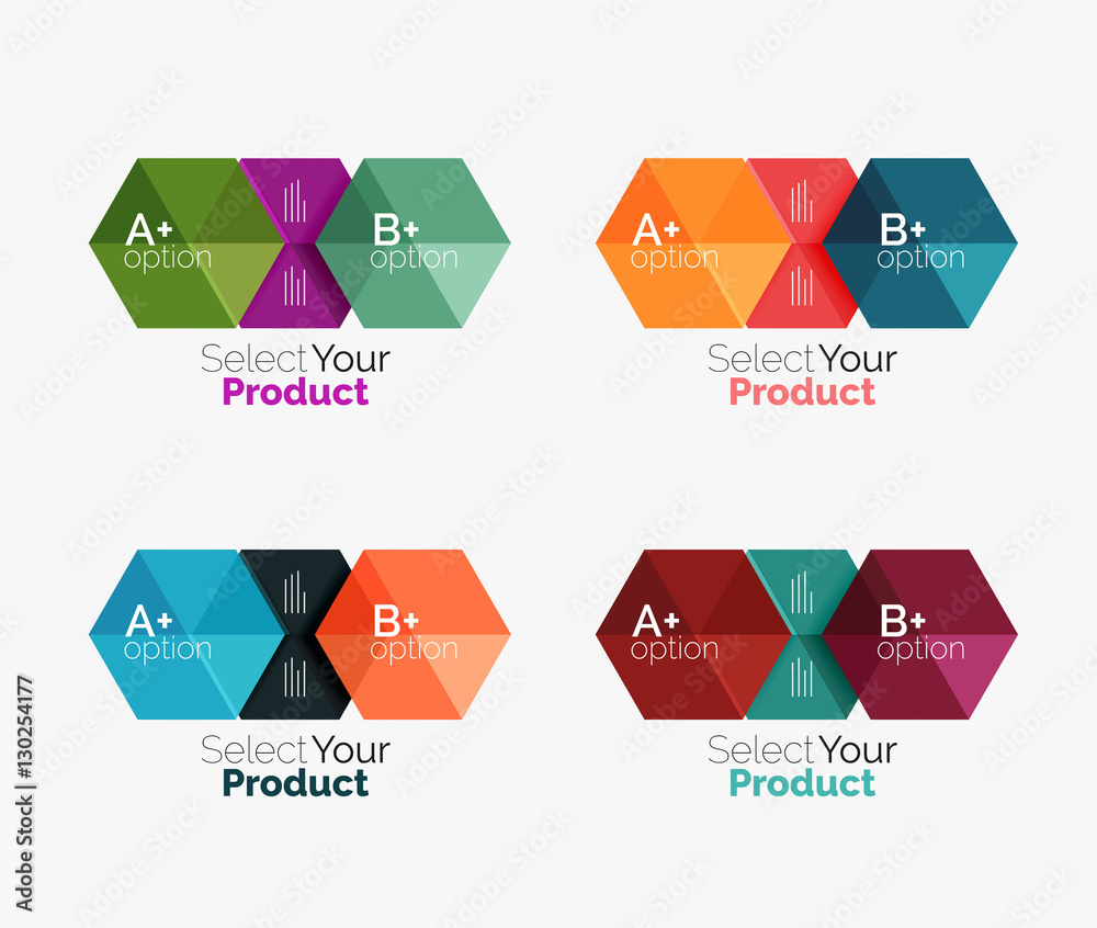 Set of abstract geometric hexagon design with options and text Set of abstract geometric hexagon design with options and text