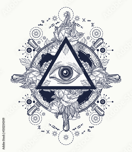 All seeing eye pyramid tattoo art. Freemason concept