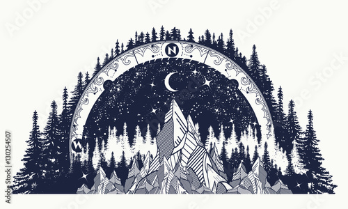 Mountain antique compass and wind rose tattoo