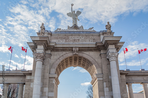 Closeup view of Princes Gates at Exhibition Place (CNE) on February 06, 2016 in Toronto, Canada Exhibition Place is a mixed-use district in Toronto. 