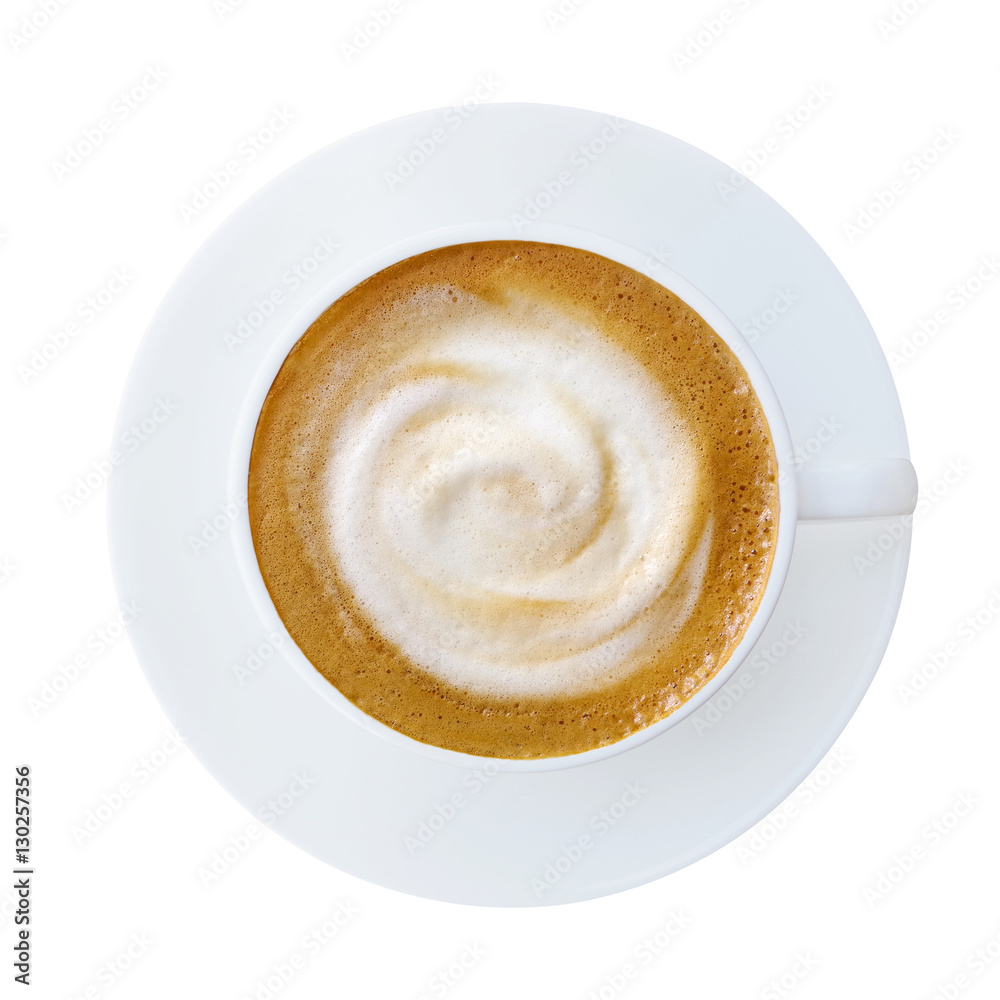 Top view of hot coffee latte cappucino cup with saucer isolated Top view of hot coffee latte cappucino cup with saucer isolated