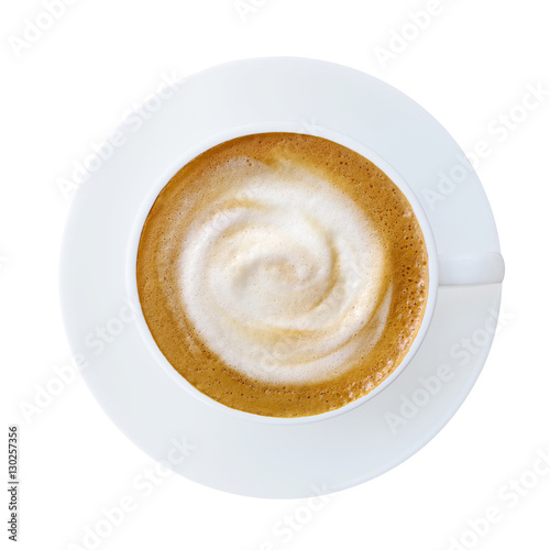 Top view of hot coffee latte cappucino cup with saucer isolated