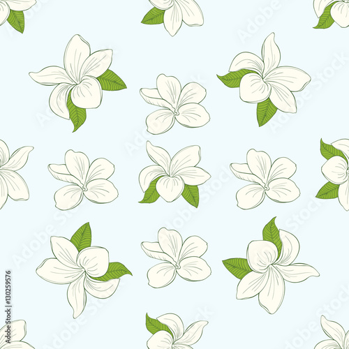 seamless pattern with plumeria flowers on blue background © Aglia
