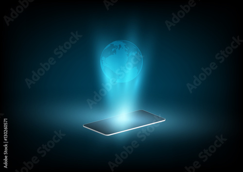 Abstract digital and future of technology background. Hologram projector of world with smartphone.