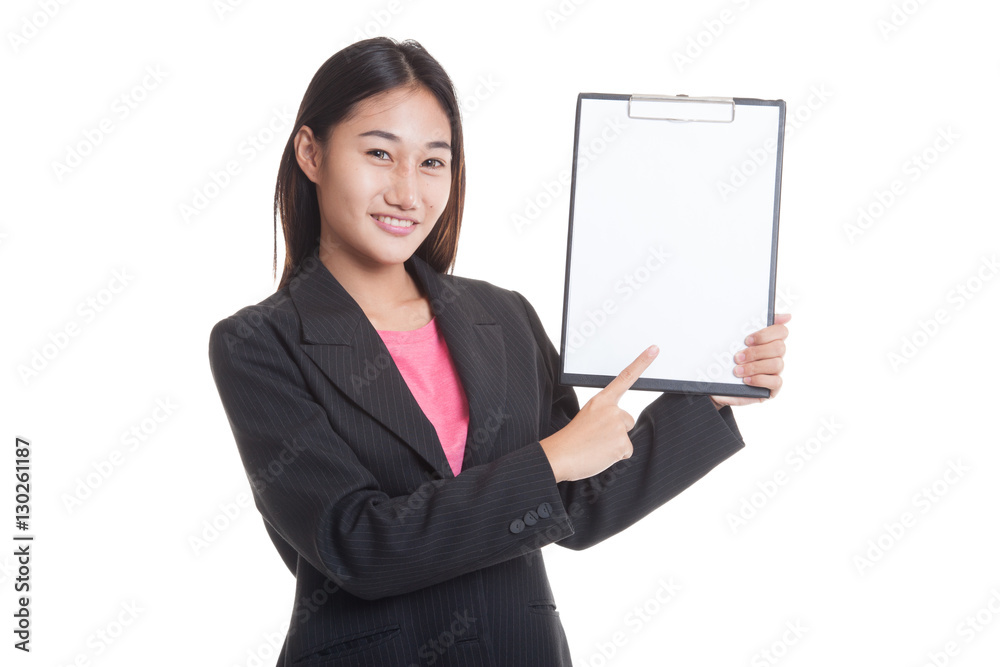 Young Asian business woman point to blank clipboard.. Young Asian business woman point to blank clipboard..