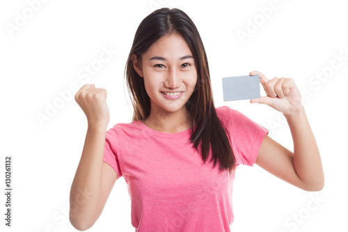 Young Asian woman fist pump with blank card..