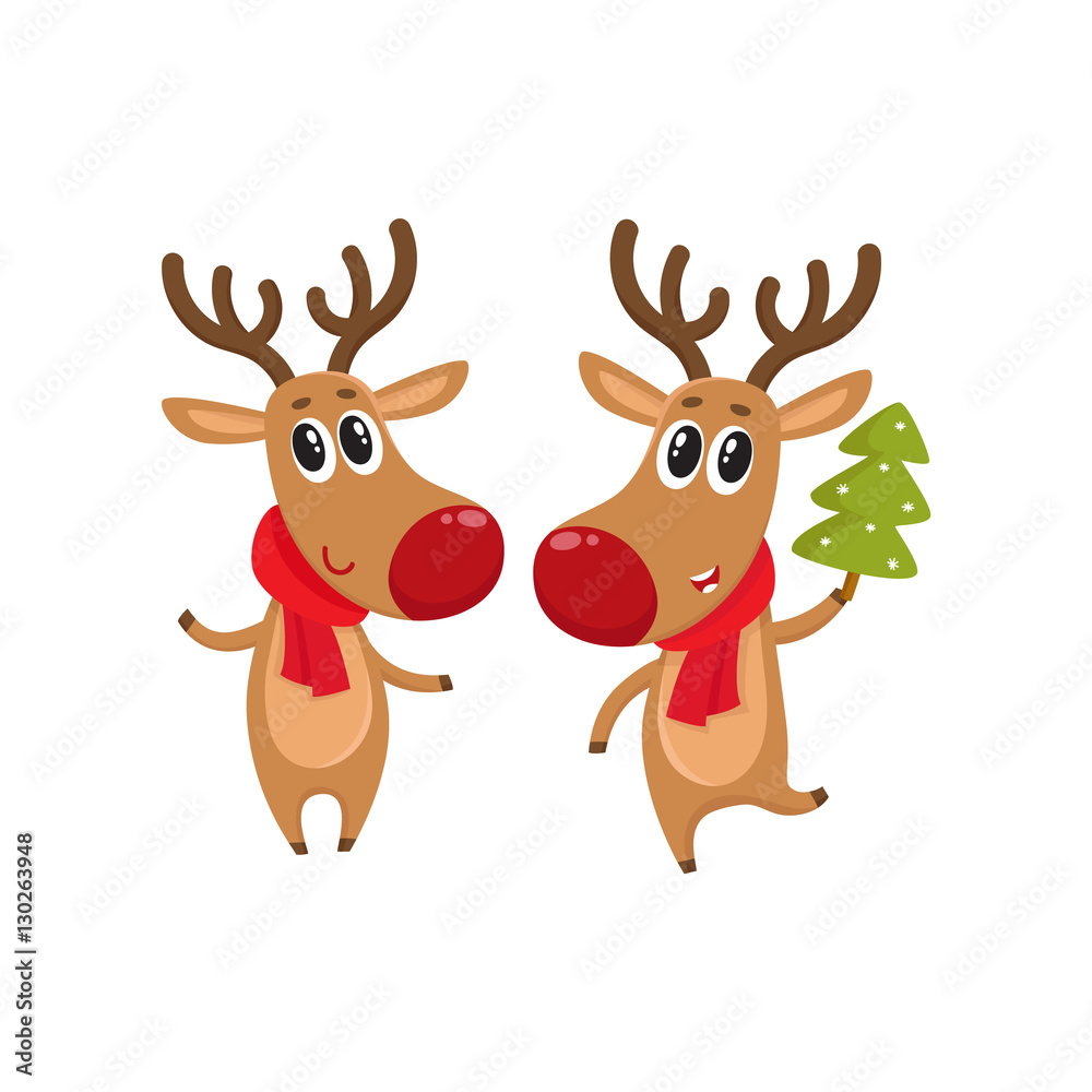 Fototapeta Dwa Bożenarodzeniowego renifera z czerwonym szalikiem i zielonym jedlinowym drzewem, kreskówki wektorowa ilustracja odizolowywająca na białym tle. Boże Narodzenie z czerwonym nosem, element dekoracji świątecznej