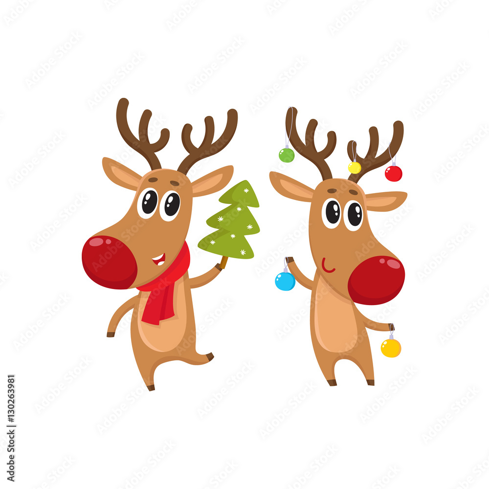 Fototapeta Dwa reniferów z Boże Narodzenie zabawkami i drzewem, kreskówki wektorowa ilustracja odizolowywająca na białym tle. Boże Narodzenie z czerwonym nosem, element dekoracji świątecznej