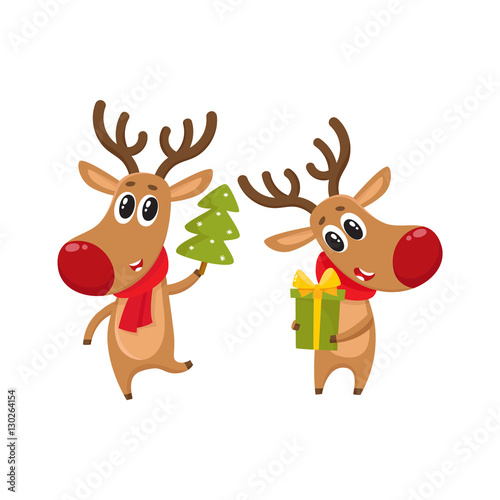 two deer holding a Christmas tree and a gift box, cartoon vector illustration isolated on white background. Christmas red nosed deer, holiday decoration element