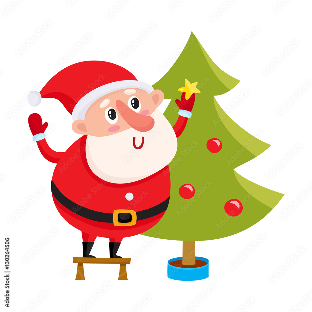 Cute and funny Santa Claus decorating a Christmas tree, cartoon vector  illustration isolated on white background. Cartoon Santa Claus hanging  balls on Christmas tree, holiday season decoration element Stock Vector |  Adobe