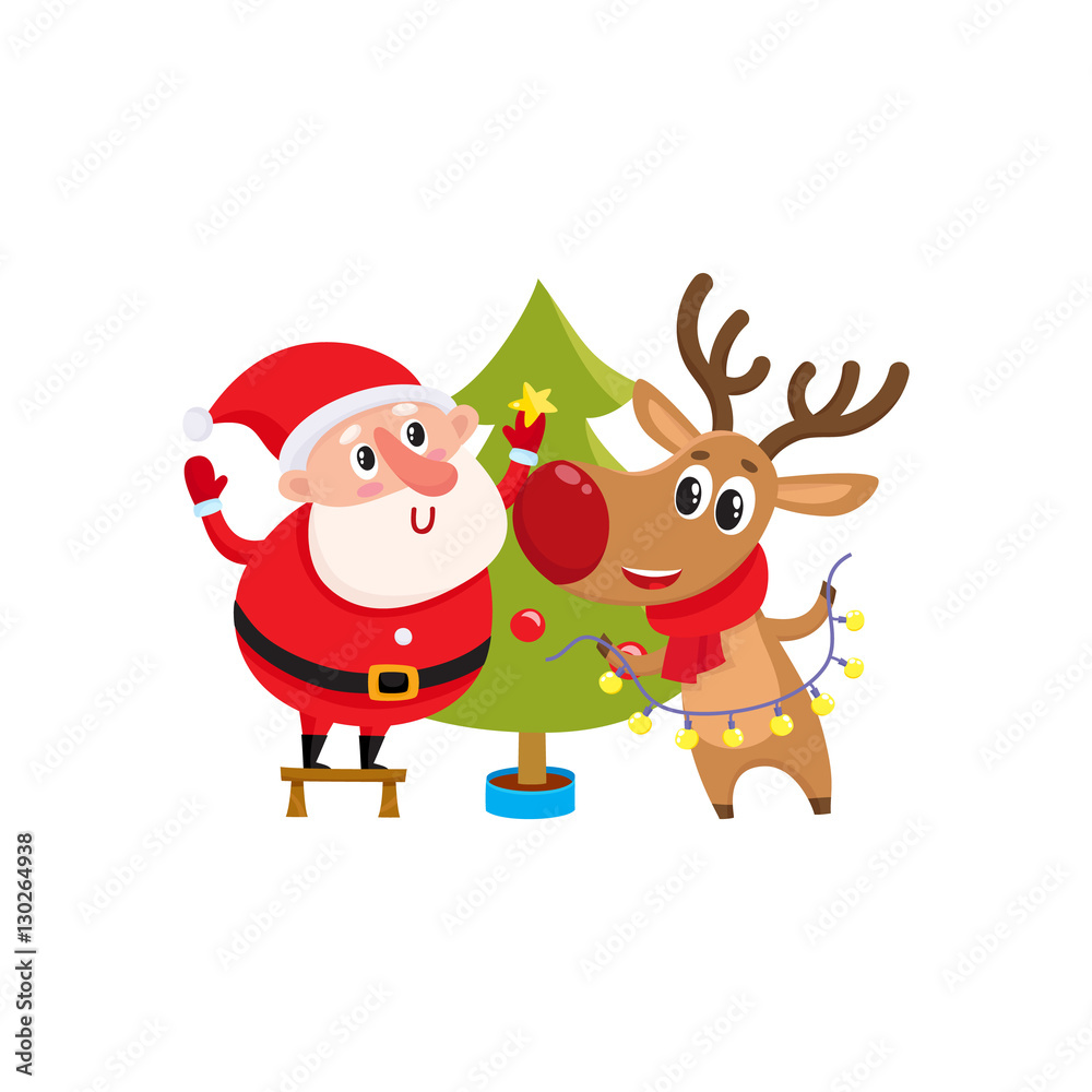 Funny Santa Claus and reindeer decorating Christmas tree with balls and  stars, cartoon vector illustration isolated on white background. Santa Claus  an deer hanging balls on Christmas tree Stock Vector | Adobe