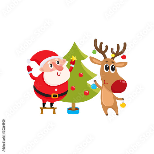 Funny Santa Claus and reindeer decorating Christmas tree with balls and stars  cartoon vector illustration isolated on white background. Santa Claus an deer hanging balls on Christmas tree