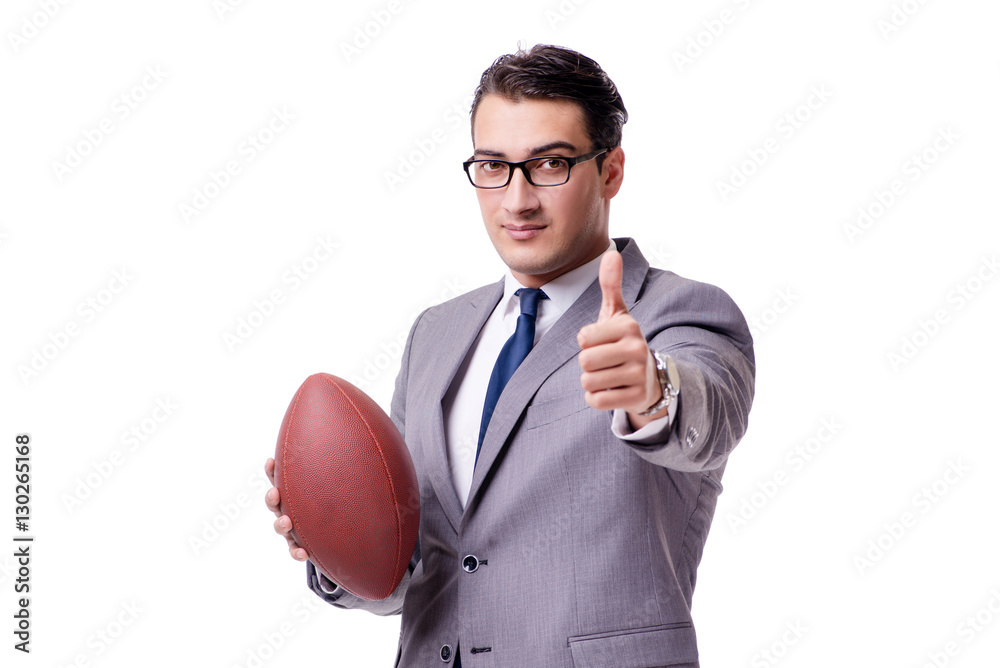 Businessman with american football isolated on white Businessman with american football isolated on white