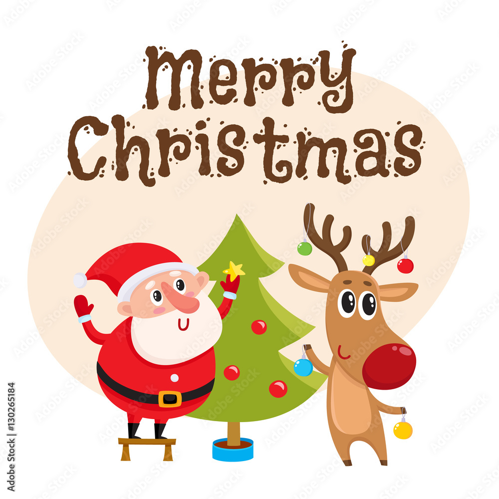 Merry Christmas greeting card template with Funny Santa Claus and reindeer decorating tree with balls and stars, cartoon vector. Christmas poster, banner, postcard, greeting card design with a deer Merry Christmas greeting card template with Funny Santa Claus and reindeer decorating tree with balls and stars, cartoon vector. Christmas poster, banner, postcard, greeting card design with a deer
