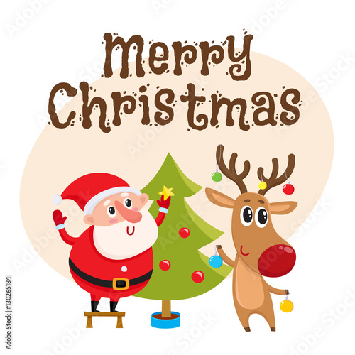 Merry Christmas greeting card template with Funny Santa Claus and reindeer decorating tree with balls and stars  cartoon vector. Christmas poster  banner  postcard  greeting card design with a deer
