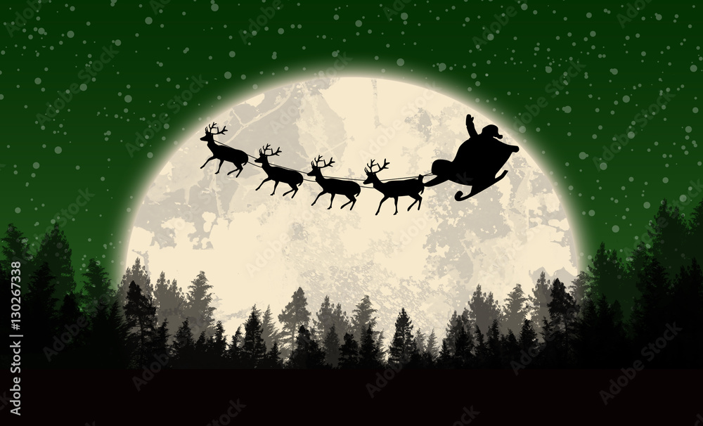 Santa's sleigh in front of full moon