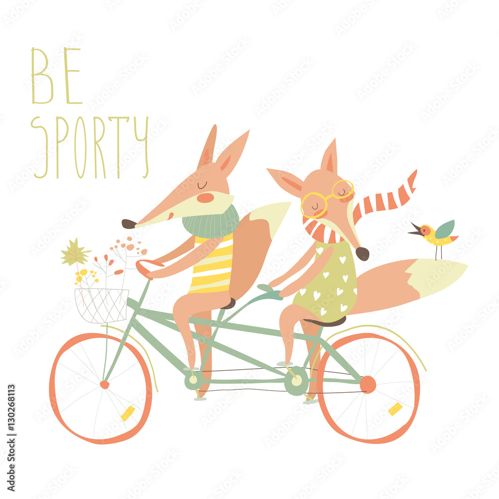 Fototapeta premium Cute couple foxes ride tandem bicycle