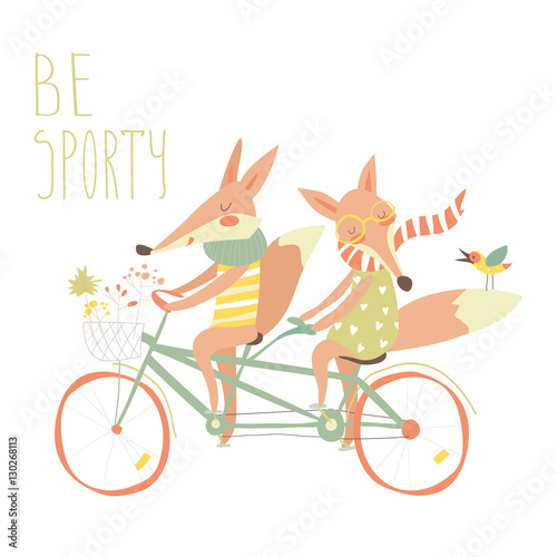 Cute couple foxes ride tandem bicycle