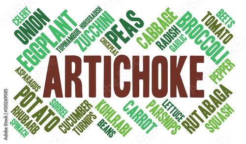 Artichoke. Word cloud, green font, white background. Vegetables.